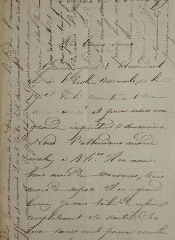      Augustine Dubois - Goblot (1828 - 1902)  Lettre à ses sœurs, Eugénie Dubois et Aurélie Dubois, 3 août 1879  Après l’obtention de son baccalauréat à Angers, Edmond Goblot monte poursuivre ses études à Paris avec le soutien de sa famille. Il va suivre les enseignements du lycée Rollin, puis Henri IV, en vue de préparer le concours d’entrée à l’École normale supérieure. Après plusieurs tentatives, c’est en 1879 qu’il est reçu à l’École normale supérieure. Sa mère, Augustine Dubois, l’annonce à ses sœurs, 