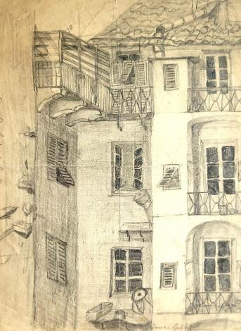 Germaine Goblot (1860 - 1941). Dessin, vue depuis la cuisine du logement occupé à Bastia, 1882. Bibliothèque Ulm-LSH, fonds Edmond Goblot, GOB VI/9/1/112