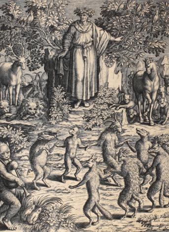 Léonard Gaultier d'après Antoine Caron, "Les Fables", dans Philostrate de Lemnos, Les Images ou Tableaux de platte peinture, Paris, veufve Abel L'Angelier, 1615. Bibliothèque Ulm-LSH, L G d 3 F°