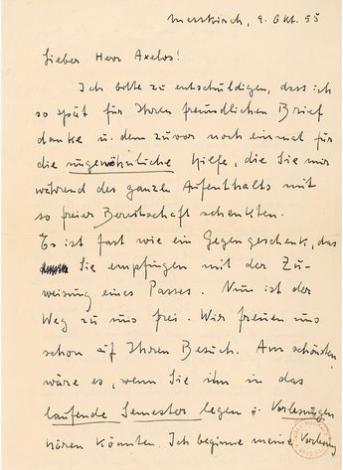 Martin Heidegger, Lettre à Kostas Axelos, 9 octobre 1955. Bibliothèque Ulm-LSH,  fonds Axelos, AXE 2/2/1/6/1