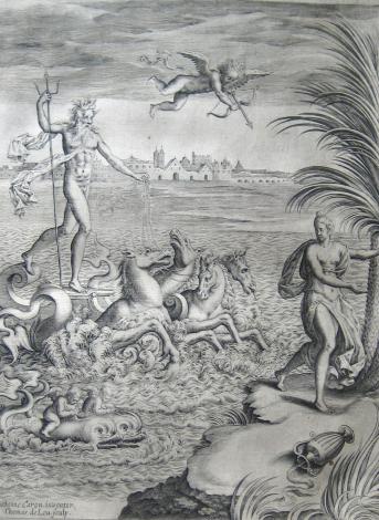 Thomas de Leu d'après Antoine Caron, "Neptune et Amymone", dans Philostrate de Lemnos, Les Images ou Tableaux de platte peinture, Paris, veuvfe Abel L'Angelier, 1615. Bibliothèque Ulm-LSH, L G d 3 F°