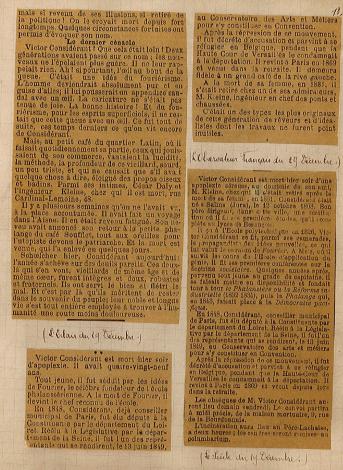 Articles nécrologiques suite au décès de Victor Considerant, 1893-1894. Bibliothèque Ulm- LSH, fonds Victor Considerant, CON I/4/2/4 