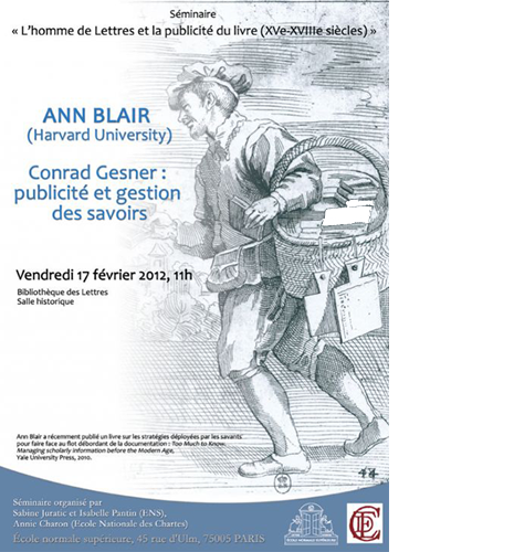 Affiche Ann Blair (Harvard University), Conrad Gesner : publicité et gestion des savoirs 