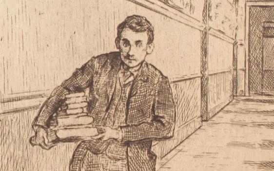 Étienne Moreau-Nélaton, "L'historien" (détail), eau-forte, dans Au Palais des Cubes, 1894. Bibliothèque Ulm-LSH