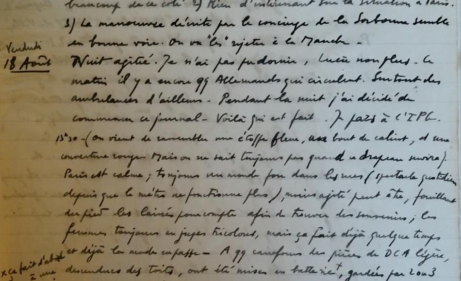 Jean Coulomb, Journal de la Libération de Paris Août - Septembre 1944/4. Bibliothèque Ulm-LSH, fonds Jean Coulomb, COU I/1